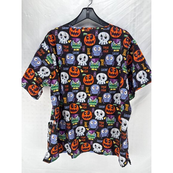 UA Scrubs Halloween Shirt XL Ghosts Pumpkins Cats Bats V-Neck Nursing Top - Picture 5 of 6